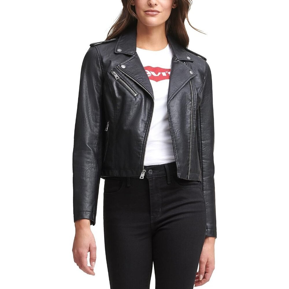 Women's The Classic Faux Leather Moto Jacket Parka Zip Closure Fully lined Coat